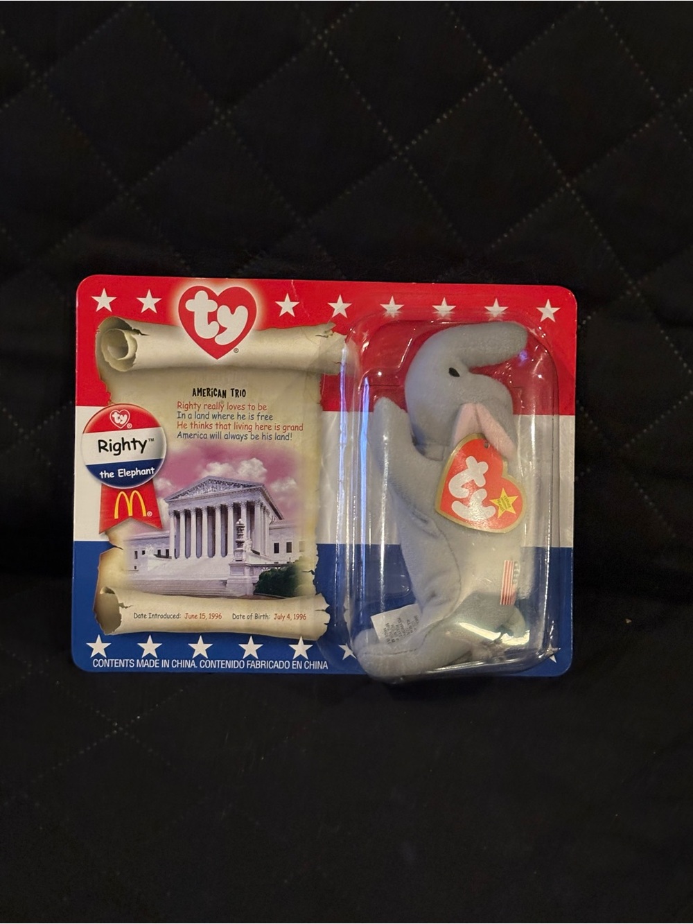 Ty Gray Elephant Plush “Lefty” with Red Heart Tag